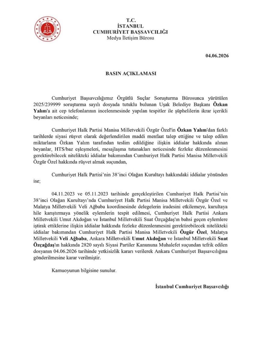 Türkische Generalstaatsanwaltschaft vom 4.6.2026 zu Özgür Özel und Özkan Yalim