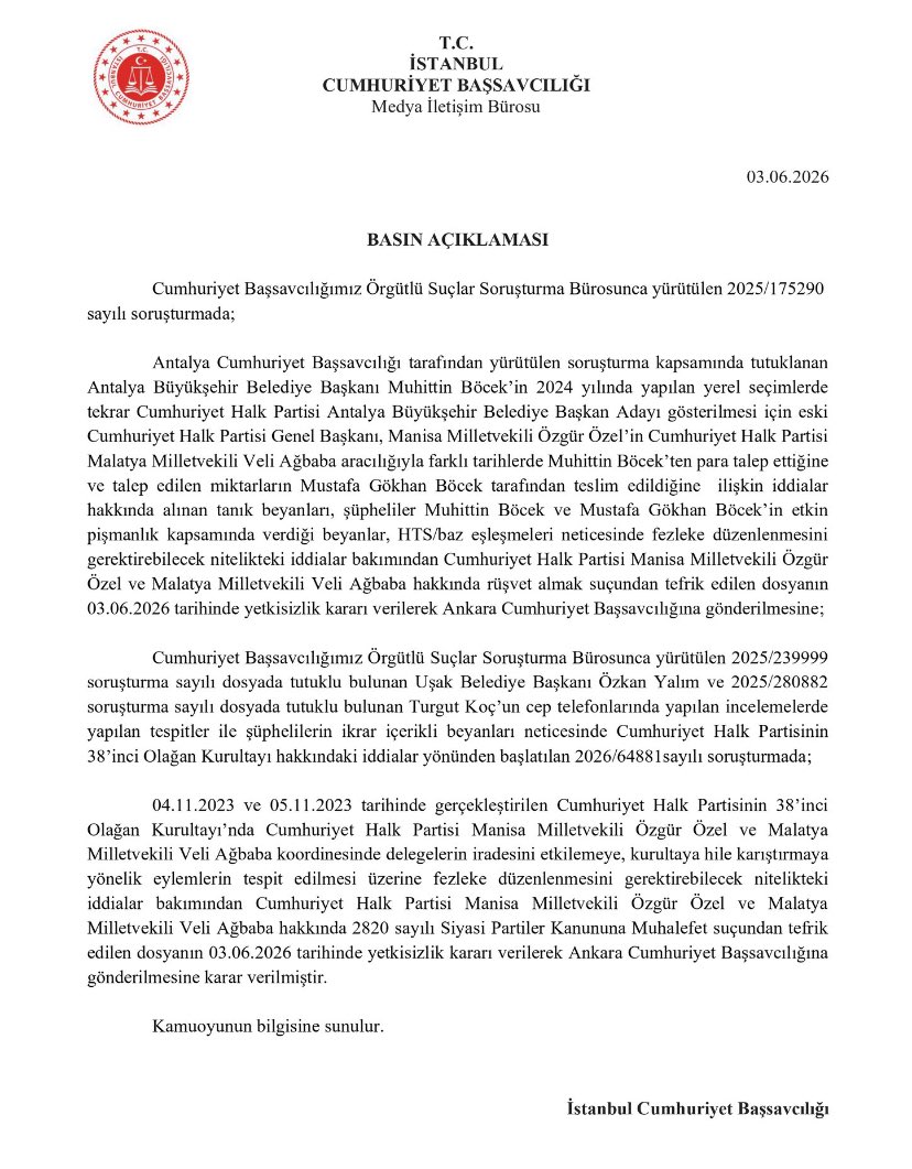 Türkische Generalstaatsanwaltschaft vom 3.6.2026 zu Özgür Özel und Muhittin Böcek